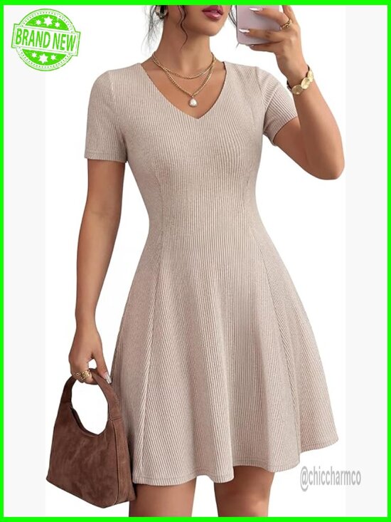 Dresses & Skirts - V-Neck Ribbed Knit Mini Dress Short Sleeve A-Line Casual Work Summer